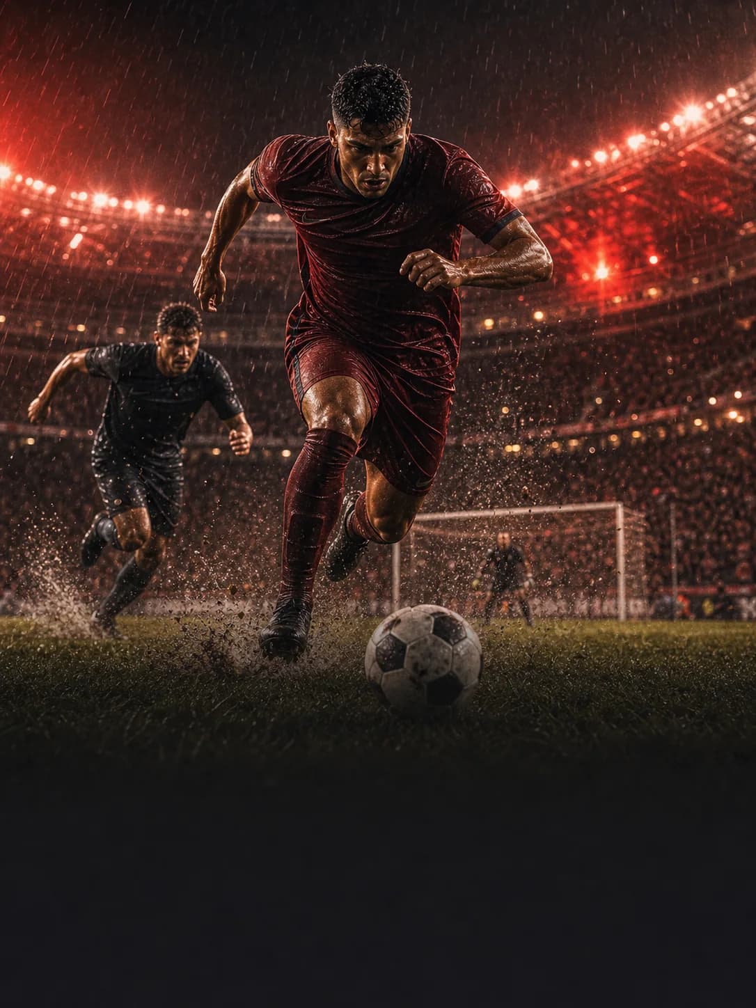 A red-kit forward charging toward goal in heavy rain during a knockout match