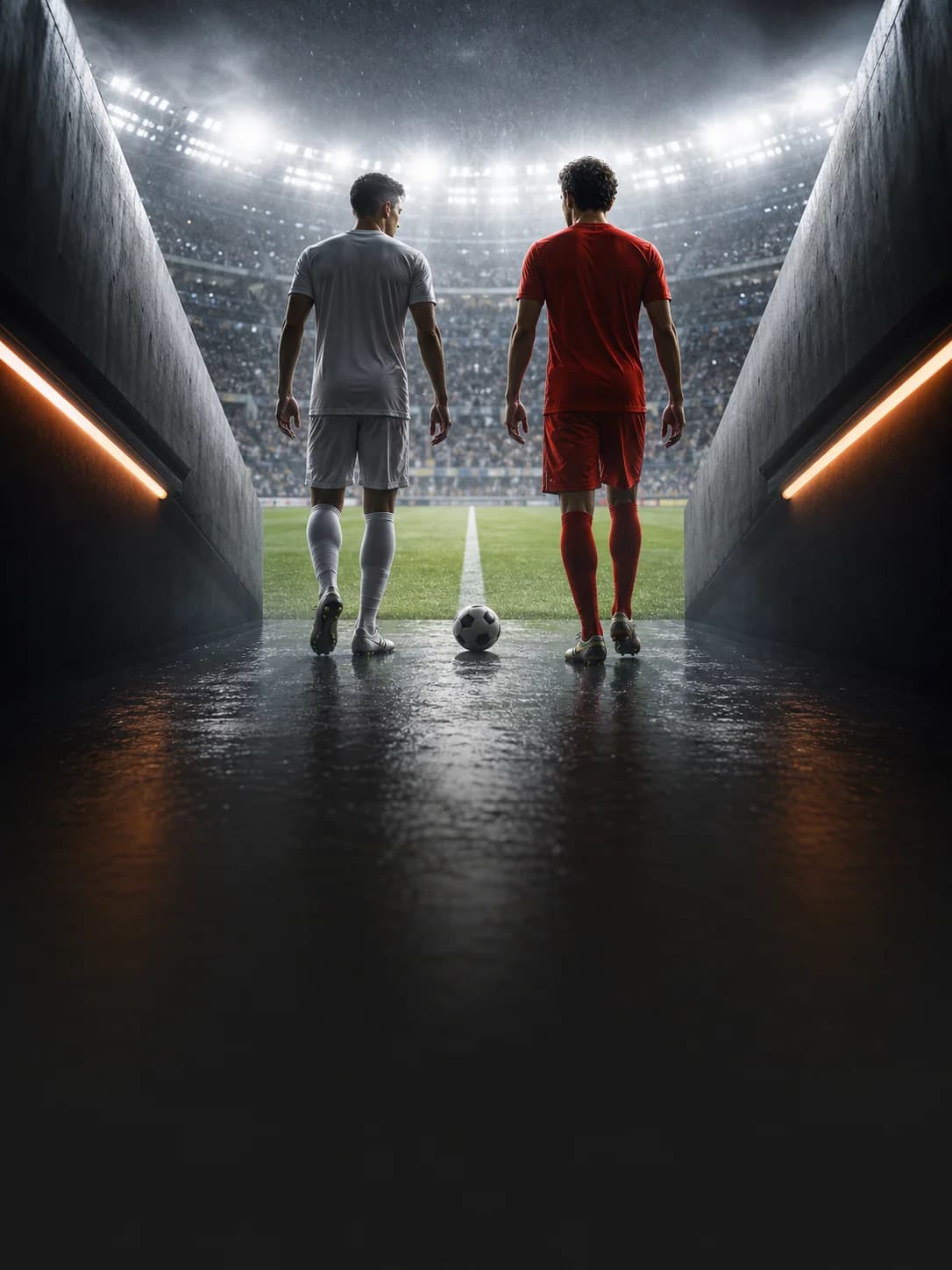Two football players walking from the tunnel into a floodlit stadium