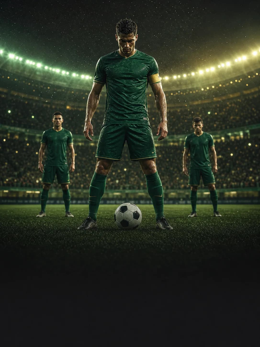 A football captain standing over the ball with teammates behind him before kickoff