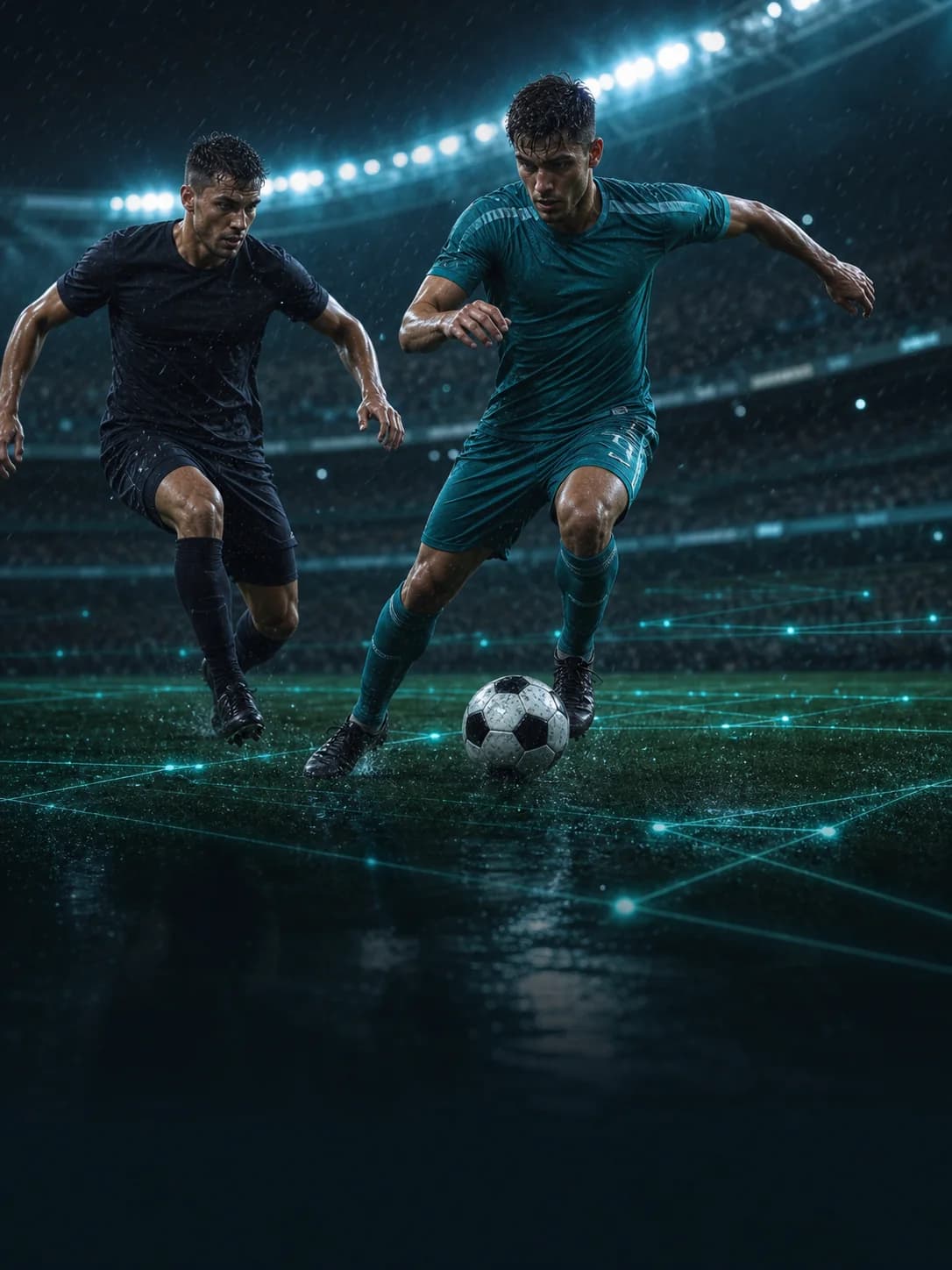 A midfielder driving the ball forward with glowing tactical pitch lines beneath him