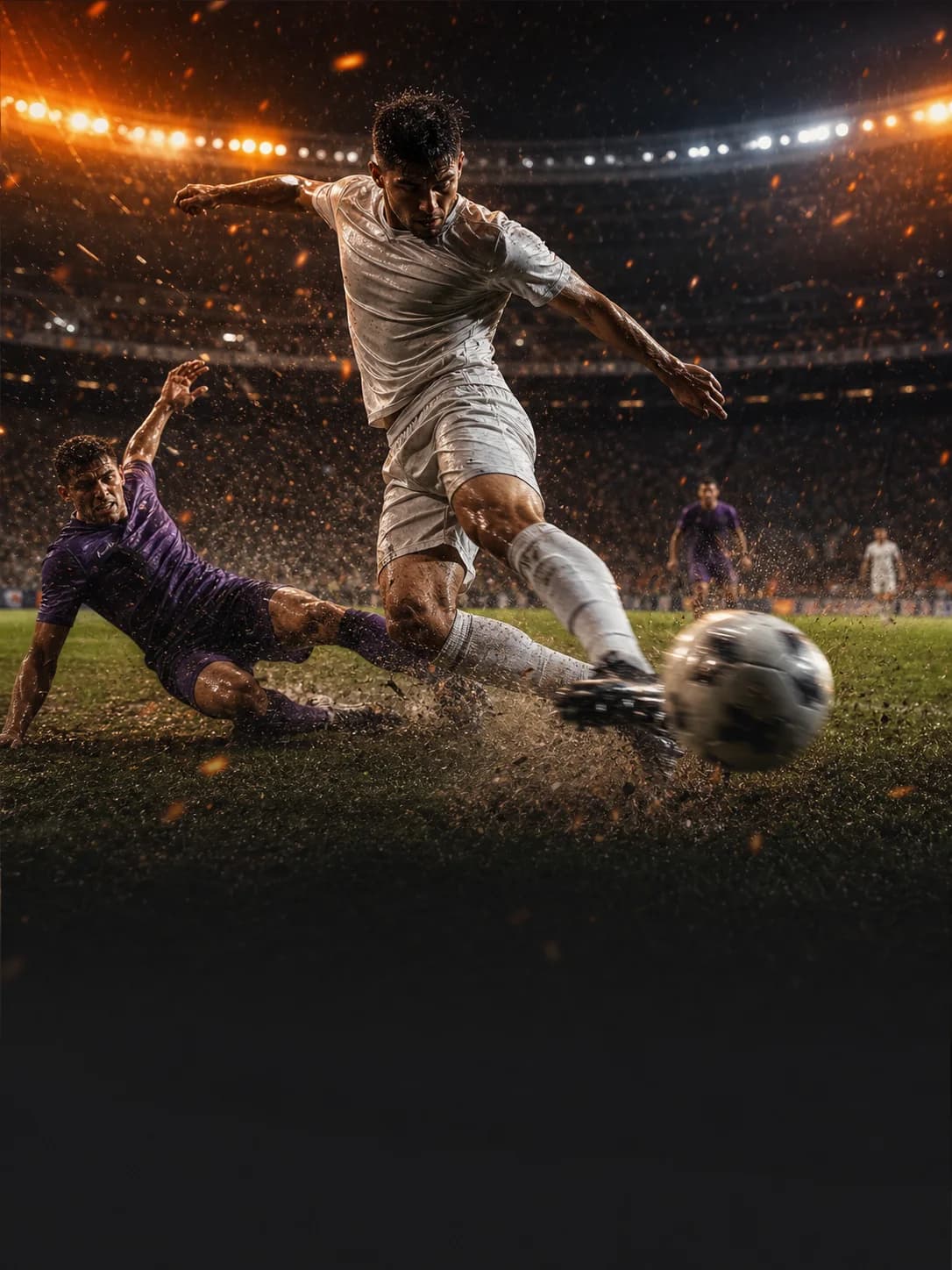 A striker smashing a shot through flying rain and sparks under stadium lights