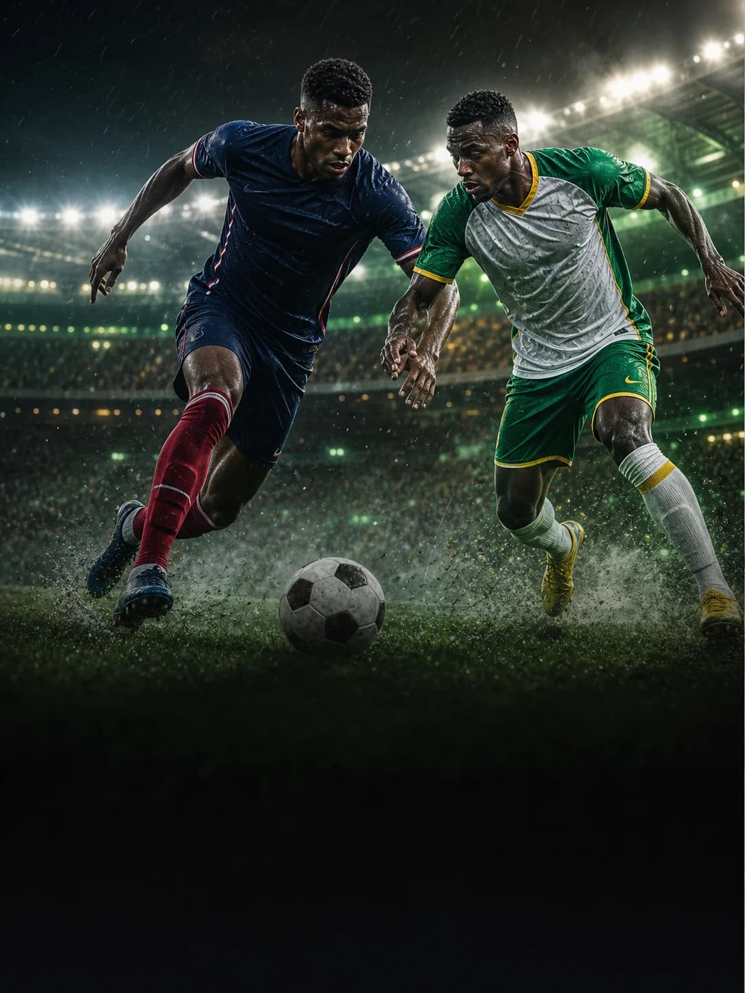 Two football players battling for the ball in a rain-soaked stadium